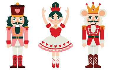 Fototapeta premium Christmas vector set of nutcracker ballet characters mouse king nutcracker princess ballerina pink heart fairy tale mascots design