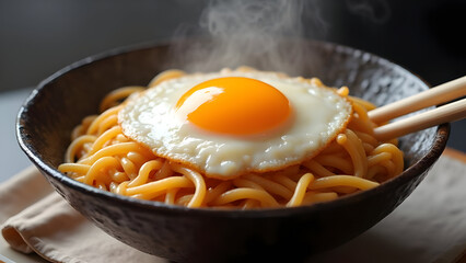 appetizing steaming hot bowl of instant noodles or ramen topped with fried egg and spice powder served with chopsticks.