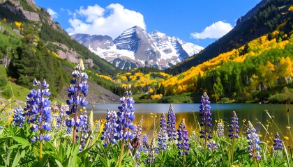Mountain scene w/ wildflowers, lake, trees; autumn foliage & snow capped peaks, sunny day