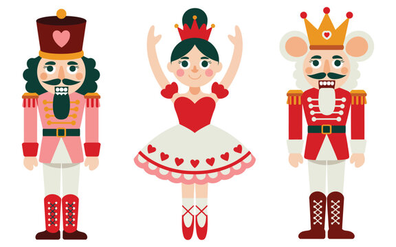 Christmas vector set of nutcracker ballet characters mouse king nutcracker princess ballerina pink heart fairy tale mascots design