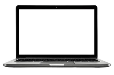 Modern laptop computer front view, blank screen digital notebook device. Isolated on transparent background.

