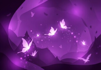 Magical glowing butterflies flying in a mystical purple fantasy landscape with sparkling lights and bokeh effect