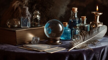 mysterious fantasy setting with glowing crystal ball blue potion bottles and feather quill on velvet table for magic concept.