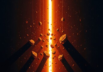 Explosion of glowing orange light beam in dark space with flying debris and particle effect, scifi concept