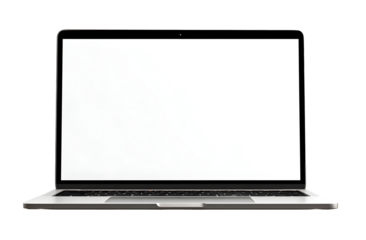 Modern laptop computer front view, blank screen digital notebook device. Isolated on transparent background.

