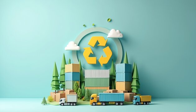 Stylized 3D scene shows trucks and shipping containers near trees with recycling symbol. Eco-friendly logistics and circular economy concept. - Powered by Adobe