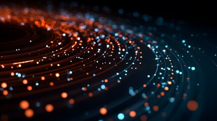 Concentric Particle Wave Abstract with Glowing Orange, Blue, and White on Dark Background

