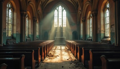 Fototapeta premium Sunbeams pierce dusty air in empty abandoned church interior. Rows of wooden pews face a grand altar beneath gothic windows. Crumbling walls and decay show passage of time.