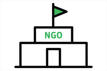 Vector art of minimalist icon of an ngo building with a green flag, representing nongovernmental organizations and their commitment to social causes