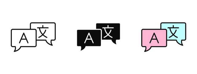 Translate icon designed in line art, fill, and colored outline styles with a clean white background. Represents language change, multilingual support, and global communication. © Kamran Vector Studio