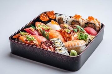 Assorted Sushi Bento Box Close Up Still Life Japanese Cuisine Nigiri Maki Rolls Sashimi Culinary Art