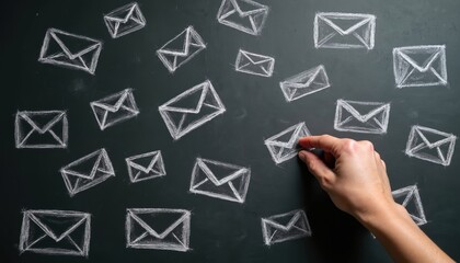 Hand selects chalk drawn email envelope from many on blackboard. Digital marketing communication strategy, inbox and contact list selection process. Online message distribution planning.