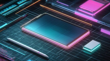 Modern digital artist workspace featuring a graphics tablet, stylus pens, and memory card on a retro-wave neon grid background.