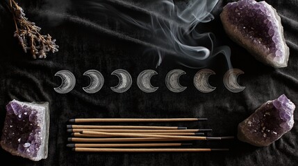 A spiritual flat lay composition featuring amethyst clusters, clear quartz crystals, incense sticks, and a moon-phase incense holder on a dark textured background.