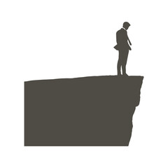 Silhouetted businessman standing on edge of cliff overlooking vast white expanse facing decision vector