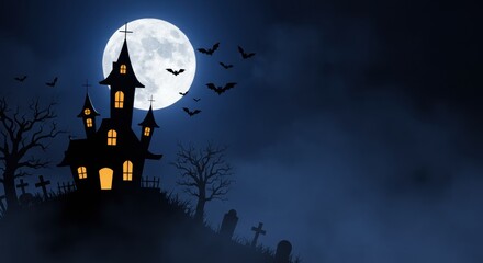 Spooky Halloween Poster Background with Haunted House Silhouette and Full Moon