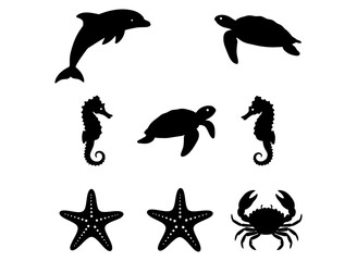 Collection of Marine Life Silhouettes Including Dolphin, Turtle, Seahorse, Starfish, and Crab