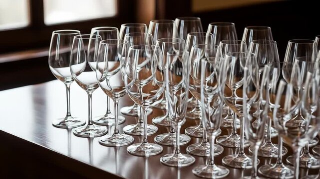 Rows of sparkling, clean wine glasses on a dark wooden table