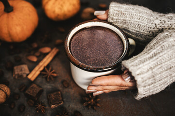 Female hands holding mug of hot chocolate, pumpkins and spices on rustic background, cozy autumn scene