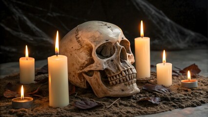 Eerie human skull illuminated by flickering candlelight surrounded by cobwebs and dried leaves creating a spooky halloween atmosphere