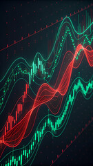 Naklejka premium Abstract glowing red and green financial data lines and candlestick charts on dark full hd 4k stock image download background