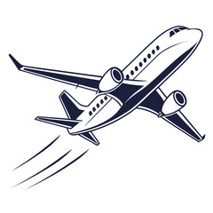 Sleek dark blue jet airplane ascending rapidly leaving a trail of motion lines against a white background