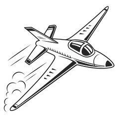 Stylized black and white illustration of a fast jet airplane in flight with motion lines and exhaust