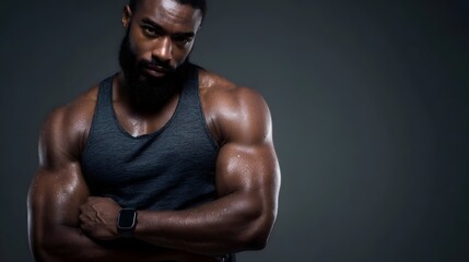 Fototapeta premium A muscular fit Black man with a beard wearing a tank top and smartwatch poses confidently in a studio