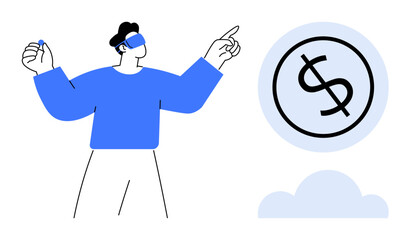 Person wearing VR headset pointing to hovering dollar sign above a cloud, symbolizing innovation, future finance, virtual economy, business vision, investment, technology potential. Ideal
