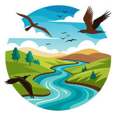 Soaring birds grace a vibrant, winding river valley under a bright blue sky, evoking freedom and natural beauty for your projects.