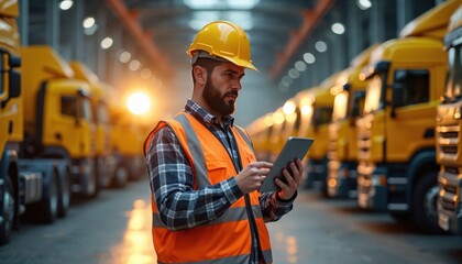 Worker with hard hat and vest uses tablet computer in warehouse. Row of yellow trucks at sunset. Logistics, transport and digital technology in industry.