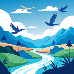 Vibrant landscape unfolds with soaring birds and a winding river through majestic mountains, evoking a sense of freedom and natural beauty for your creative projects.