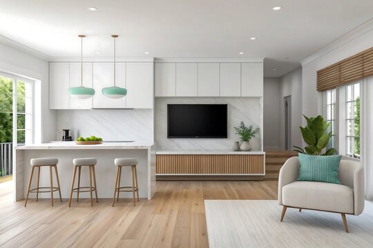 Modern openplan living room and kitchen with island and entertainment center - Powered by Adobe