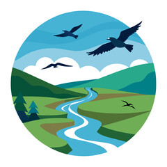 Soaring birds glide over a vibrant, winding river valley with lush green hills and a bright blue sky, evoking freedom and natural beauty.