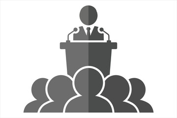 Vector art of a speaker delivers a speech to an audience from behind a podium, the speaker is addressing a crowd of people in a formal setting