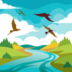 Graceful birds soar over a winding river and lush rolling hills under a vibrant sky, capturing the essence of natural freedom and serene exploration.