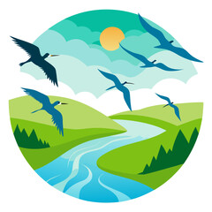 Graceful birds soar over a winding river and lush green hills under a vibrant sunlit sky, embodying freedom and natural beauty