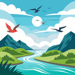 Vibrant landscape with winding river, majestic mountains, and birds soaring through a bright, cloud-filled sky, evoking freedom and natural beauty.