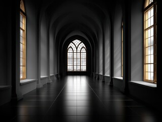 Gothic architecture hallway with arched windows and dark tile floor, interior view, symmetrical composition, architectural photography