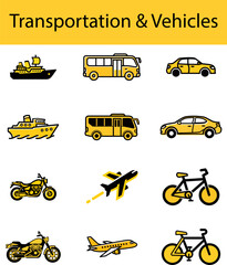Yellow Black Transportation Vehicle Icons Collection Set