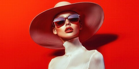 Young Woman With Hat Poses on a Red Backdrop
