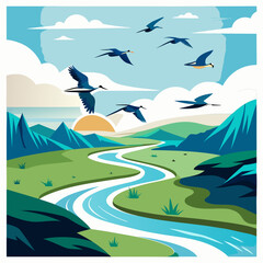Graceful birds soar over a winding river and lush green valley under a vibrant sky, evoking a sense of freedom and natural beauty in a serene landscape.