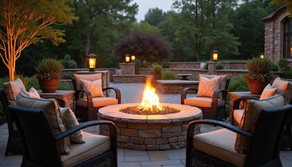 Stone fire pit patio with chairs and lanterns provides cozy outdoor living space. Warm fire flames glow at dusk. Perfect for family gatherings, evening relaxation and backyard entertaining.
