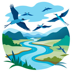 Graceful blue birds soar above a winding river and serene mountain landscape, evoking peace and natural beauty for tranquil scenes