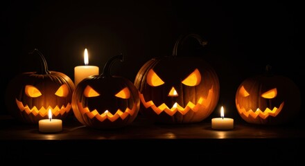 Halloween Pumpkins Still Life with Candle Glow and Dark Background