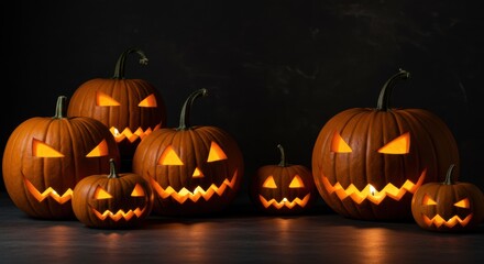 Halloween Pumpkins Still Life with Candle Glow and Dark Background