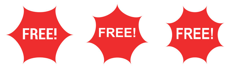 Red starburst shape, white background, "FREE" text in white, bold typography, marketing graphic, attention-grabbing design, promotional icon.

