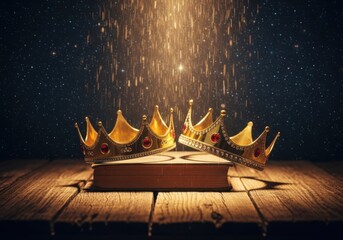 Three golden crowns resting on an ancient book with magical light falling from above