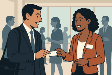 Diverse business professionals exchanging contact information at a networking event or conference