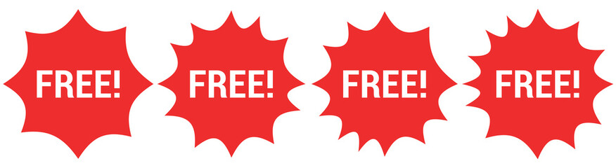 Red starburst shape, white background, "FREE" text in white, bold typography, marketing graphic, attention-grabbing design, promotional icon.
